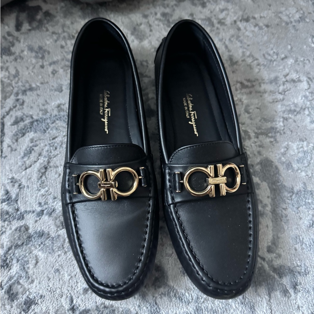 Salvatore Ferragamo Black Leather Loafers with Gold Accent
